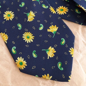 Navy blue with yellow daisies Floral silk tie rust flower Blue wedding tie anniversary gift for him