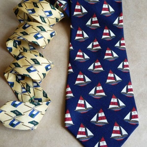 Sailing tie Silk neck tie with boat print Nautical theme mens neck tie Navy blue groomsmen necktie