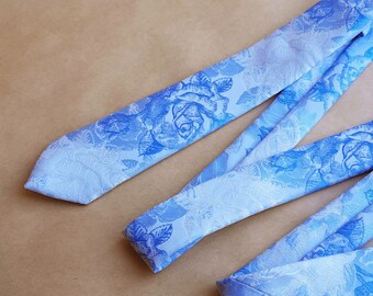 Blue roses tie  Skinny floral tie Blue wedding tie anniversary gift for him