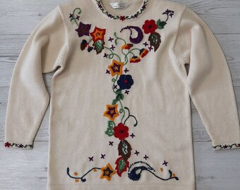 Embroidered floral sweater Vintage cream wool tunic sweater UK 10