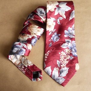 Burgundy floral tie anniversary gift for him Vintage tie for garden wedding