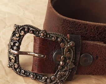 VTG Y2K Fossil Brown Leather Boho Belt|Silver Buckle|Floral|Studded VTG Y2K Hollister Brown Leather Belt M/L Embroidered Boho  main image 4