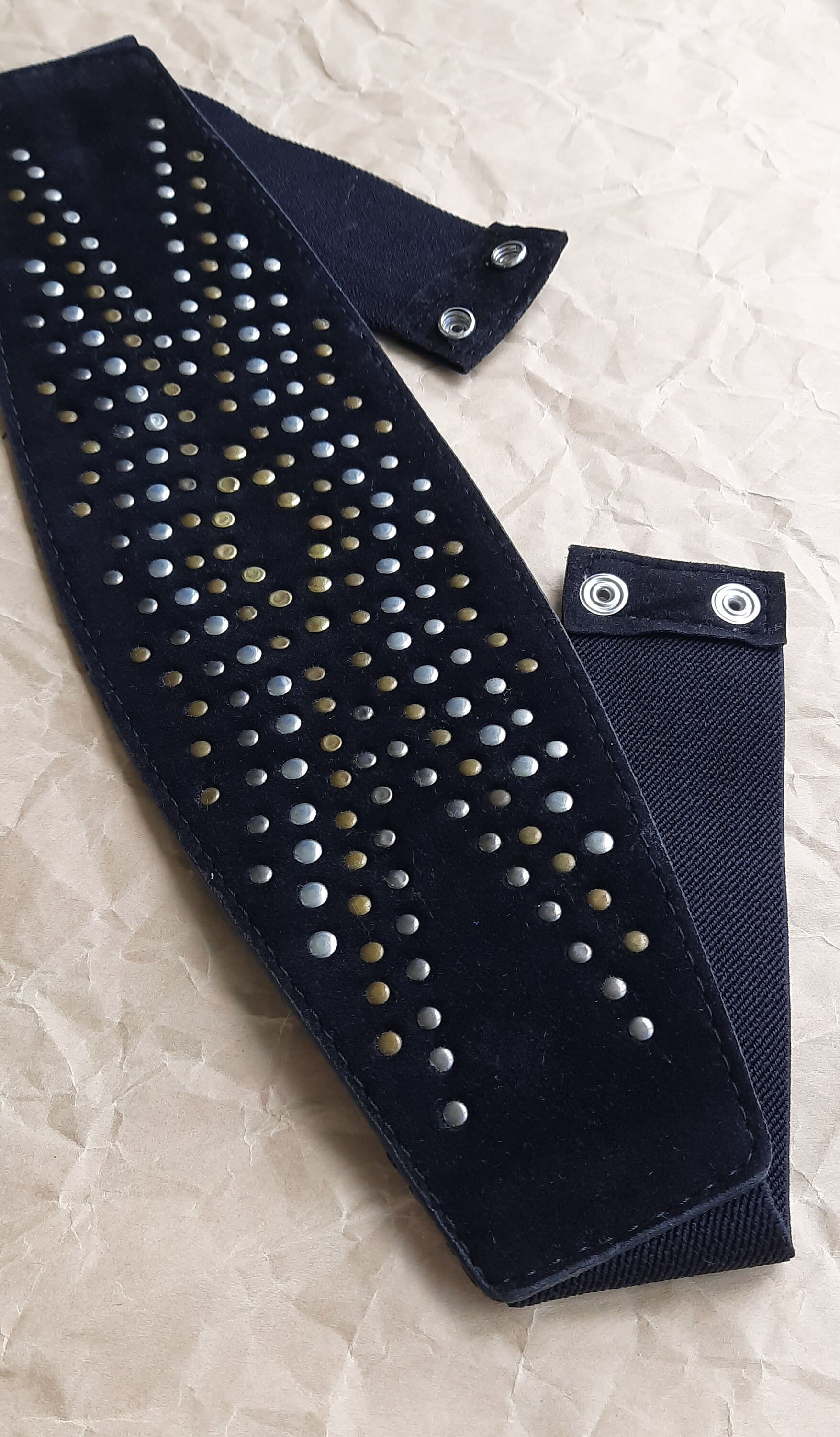 Wide Black Suede Belt with studs and a lot of stretch! Buy Black Studded Belt Silver 3 Row Rivets Wide Genuine  main image 2