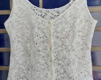 Vintage vest women White lace blouses for women Floral sheer button down vest