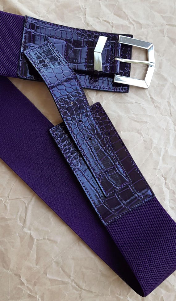 Wide Purple Waist Belt Faux Croc Embossed Stretch Belt for  display picture 1