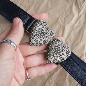 Black faux leather waist belt for women with bronze heart buckle