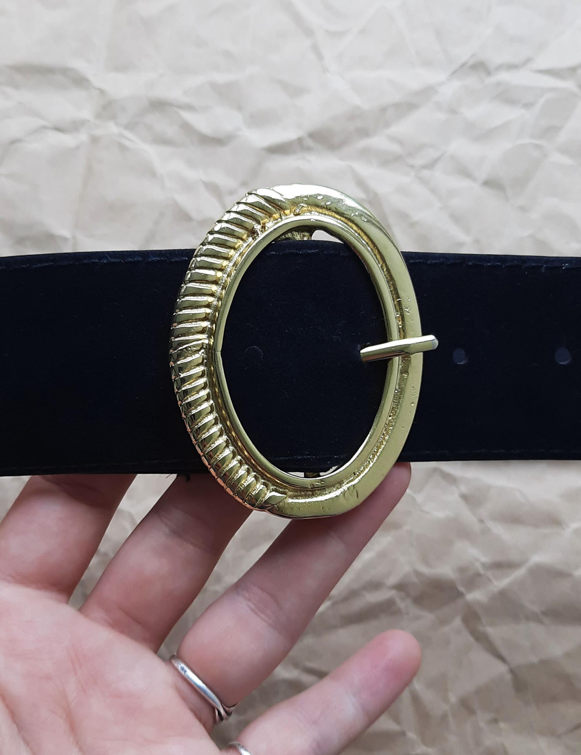 Black Suede Waist Belt with Gold Sculpted Buckle Black Suede Belt: Real Leather Adjustable Waist Belt With  main image 2