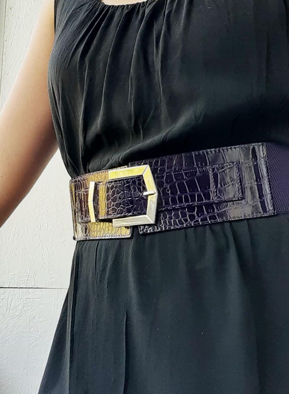 Wide Purple Waist Belt Faux Croc Embossed Stretch Belt for  display picture 3