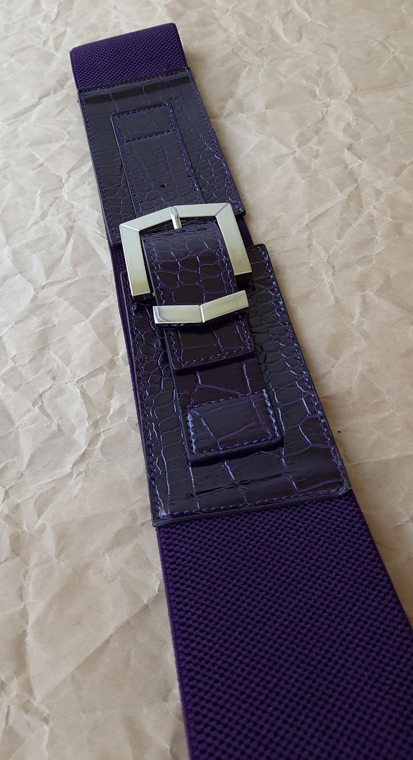 VTG Wide Waist Belt Crocodile Embossed Purple Textured Cinch Statement Belt XL Wide Purple Waist Belt Faux Croc Embossed Stretch Belt for  main image 2