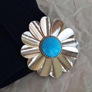 Flower buckle black elastic belt Stretch dress belt for women Chamomile elastic waist belt with metal buckle