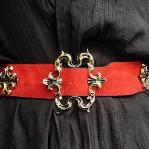 Baroque style red suede belt with gold buckle Genuine leather waist belt for women
