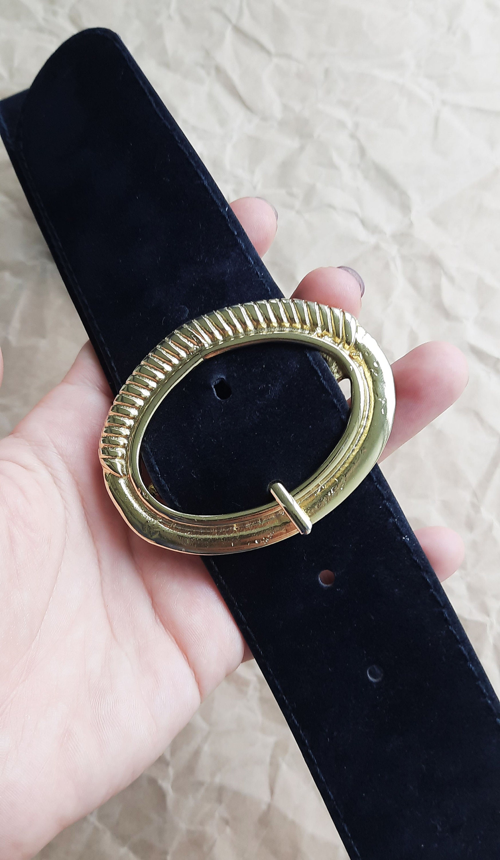 Black Suede Belt With Golden Buckle Dress Belt Women  display picture 3