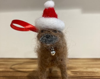Needle Felted Border Terrier, Hanging Bauble, Unique Xmas Gift For BT Lovers And Owners, Ribbon Hanger, Silver Bell On Collar, BTs