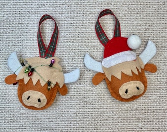 Handmade Highland Cow Christmas Ornament: Felt Cow Bauble