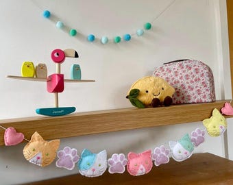 Handmade Pastel Felt Cat Garland, Nursery Decor, Child’s Room Decoration