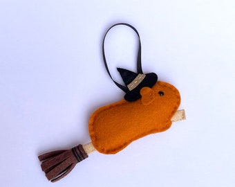 Halloween Guinea Pig Witch On Broomstick Decoration, Felt Halloween Ornament