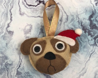 Handmade Felt Santa Pug Christmas Decoration, Dog Ornament, Holiday Gift, Xmas Tree Bauble
