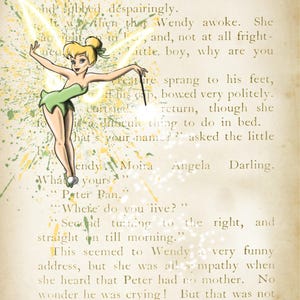 May include: Illustration of Tinkerbell from Peter Pan on a vintage book page. The fairy is in a green dress with yellow accents, holding a wand. The background has text and yellow and green paint splatters.