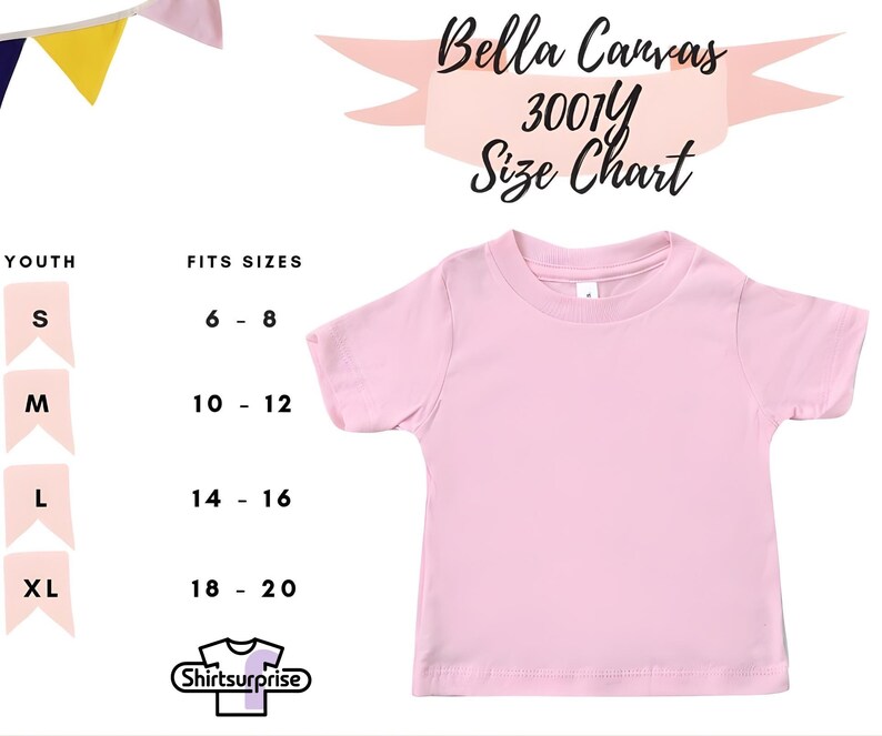 K&ouml;nnte beinhalten: Ein hellrosa Bella Canvas 3001Y Kinder-T-Shirt. Die Gr&ouml;&szlig;entabelle zeigt die Gr&ouml;&szlig;en S (6-8), M (10-12), L (14-16) und XL (18-20). Das Shirtsurprise-Logo befindet sich unten.