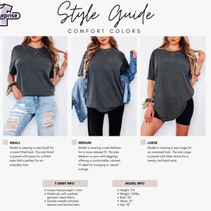 K&ouml;nnte beinhalten: Ein Style-Guide von Shirtsurprise zeigt drei Models in einem grauen T-Shirt, die verschiedene Passformen demonstrieren. Der Guide zeigt, wie das T-Shirt mit Jeans, Leggings und Radlerhosen aussieht. Text liefert Details zum T-Shirt und zum Model.