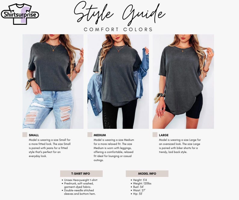 K&ouml;nnte beinhalten: Ein Style-Guide von Shirtsurprise zeigt drei Models in einem grauen T-Shirt, die verschiedene Passformen demonstrieren. Der Guide zeigt, wie das T-Shirt mit Jeans, Leggings und Radlerhosen aussieht. Text liefert Details zum T-Shirt und zum Model.