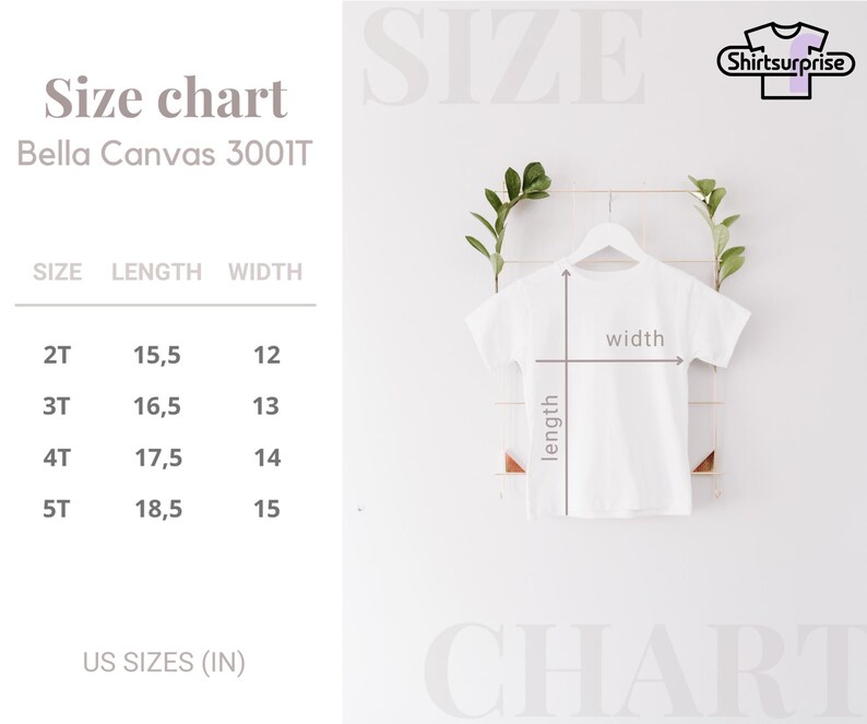 K&ouml;nnte beinhalten: Wei&szlig;es T-Shirt auf einem Kleiderb&uuml;gel mit L&auml;ngen- und Breitenma&szlig;en. Die Gr&ouml;&szlig;entabelle zeigt die Ma&szlig;e in Zentimetern f&uuml;r die Gr&ouml;&szlig;en 2T bis 5T. Der Text "Size chart" und "Shirtsurprise" sind ebenfalls sichtbar.