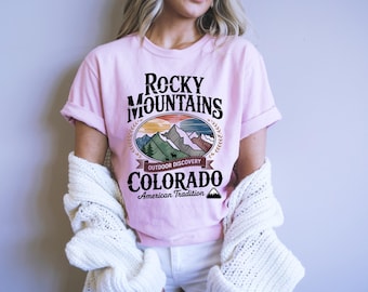 Rocky Mountains Colorado Comfort Colors® Shirt, Vintage Outdoor Discovery Shirt, 90s Mountain Hiking Shirt National Park Postcard Style