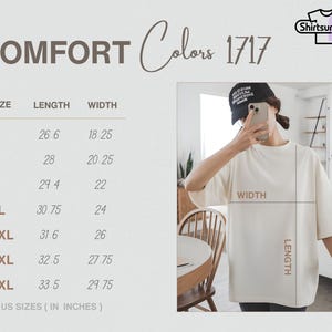K&ouml;nnte beinhalten: Cremefarbenes T-Shirt mit Gr&ouml;&szlig;entabelle und Ma&szlig;en in Zoll. Die Tabelle zeigt die Gr&ouml;&szlig;en S bis 4XL mit L&auml;ngen- und Breitenangaben. Der Text "COMFORT Colors 1717" steht oben, und das Markenlogo "Shirtsurprise" befindet sich oben rechts.
