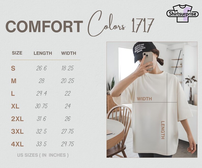 K&ouml;nnte beinhalten: Cremefarbenes T-Shirt mit Gr&ouml;&szlig;entabelle und Ma&szlig;en in Zoll. Die Tabelle zeigt die Gr&ouml;&szlig;en S bis 4XL mit L&auml;ngen- und Breitenangaben. Der Text "COMFORT Colors 1717" steht oben, und das Markenlogo "Shirtsurprise" befindet sich oben rechts.