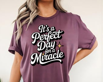May include: A mauve short-sleeved t-shirt featuring the white and black text It's a Perfect Day for a Miracle with a small yellow four-pointed star graphic. The shirt has a crew neckline and a relaxed fit with rolled sleeves.