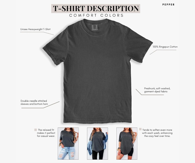 K&ouml;nnte beinhalten: Ein dunkelgraues Unisex-T-Shirt in schwerer Qualit&auml;t. Das Shirt besteht aus 100 % Ringspun-Baumwolle und hat doppelt gen&auml;hte &Auml;rmel und einen Saum. Das Shirt ist vorgeschrumpft, weich gewaschen und st&uuml;ckgef&auml;rbt. Der Text auf dem Bild lautet "T-SHIRT DESCRIPTION COMFORT COLORS".
