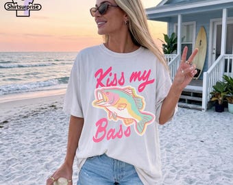 Lustiges Angeln Shirt für Frauen, Kiss My Bass Tee, See Leben Shirt, Bass Fischen Grafik Tee, süßes Sommerferien Shirt, Fischer Geschenk