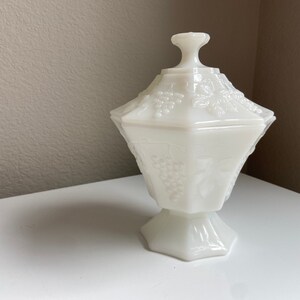 Milky glass candy dish with lid grape and grape leaf detail