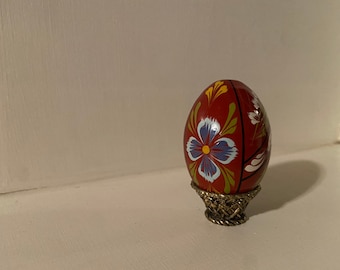 Handpainted Red Wooden Faberge-Style Egg with Brass Stand