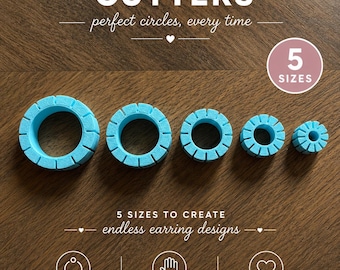 May include: Five light blue circular polymer clay hoop earring cutters in descending sizes. The text reads: POLYMER CLAY HOOP EARRING CUTTERS, perfect circles, every time, 5 SIZES, 5 SIZES TO CREATE endless earring designs, PERFECT HOOPS EVERY TIME, EASY TO USE & COMFORTABLE GRIP, DURABLE, SHARP & CLAY-FRIENDLY, FOR POLYMER CLAY ARTISTS OF ALL LEVELS.