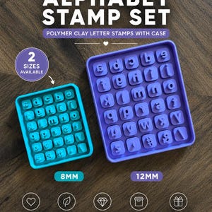 May include: A lowercase alphabet stamp set for polymer clay featuring two rectangular trays in teal and purple. The teal tray contains 8mm stamps, and the purple tray contains 12mm stamps. Each tray holds individual letter and symbol stamps.