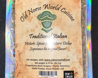 Mistura tradicional de especiarias italianas: manjericão, orégano, tomilho, alecrim.