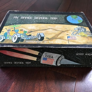 Vintage 70&#39;s Children&#39;s Kids Space Rocket Themed School Box, Pencil Box