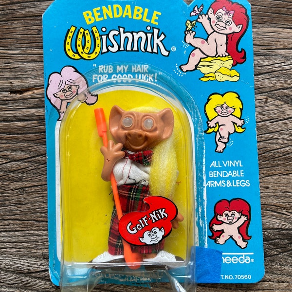 1980s NEW Bendable Wishnik Troll Doll Uneeda Yellow Hair 3" Golfer - NOS