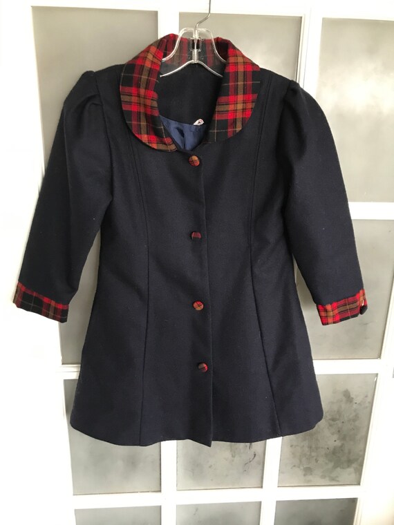 Vintage Retro Little Girls Navy And Plaid Wool Coa