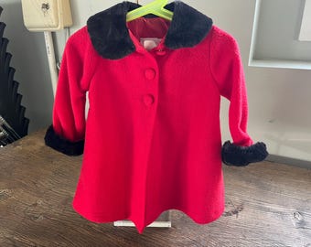 Vintage Retro Little Girls Red Faux Fur Christmas Dress Coat - Size 2/3T