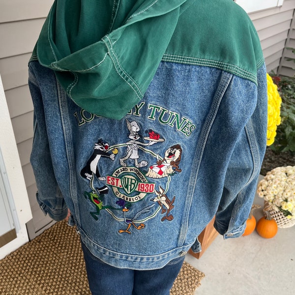 Vtg Retro Boys Girls Acme Warner Bros Studio LOONEY TUNES Space Jams Denim Hooded Jean Jacket Size- M