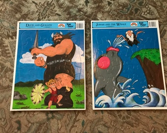 Vintage Pair 90's Promise Frame Tray Inlay Bible Picture Puzzle- David And Goliath, Jonah And The Whale