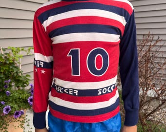 Vintage 80's Retro Health Tex Boys Stripped USA Soccer Long Sleeve Mock Shirt - 6/8Y