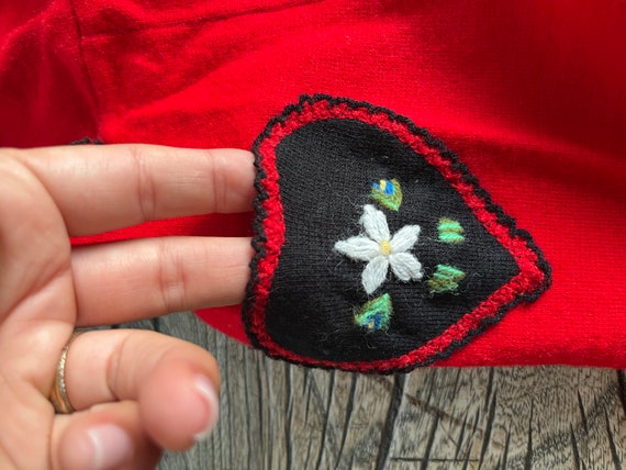 Rare Vintage 50's Retro Girls Red Wool Embroidere… - image 2