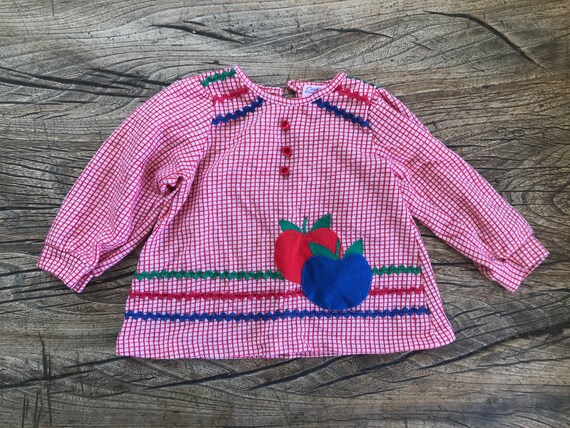 Vintage 80's Retro Girls Red Gingham Cotton Apple… - image 5