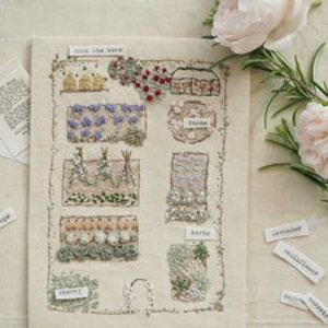 May include: Embroidered design of a garden plan with different sections labelled "Lavender", "Fruit", "Vegetables", "Herbs", "Roses", and "Strawberry Patch".
