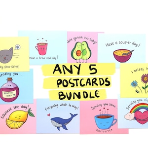 N’importe quel paquet de 5 cartes postales bundle prix réduit fixé papeterie courrier escargot illustrateur illustration kawaii positivité pun mignon santé mentale positive