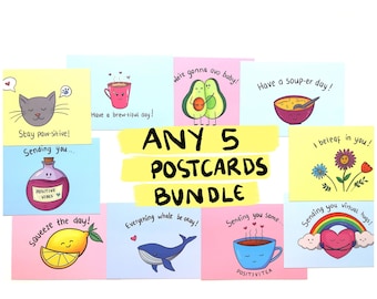 Any 5 postcards bundle reduced price set stationery mail snail illustrator illustration kawaii positivity pun cute positive mental health