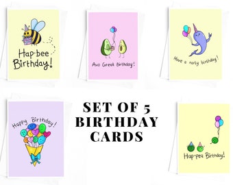 Set of 5 birthday cards version 2 cute kawaii illustration funny pun stationery happy birthdays five bundle gift reduced price handmade